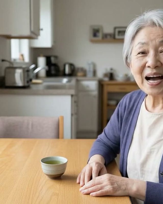 Setsuko at her kitchen table with a cup of green tea